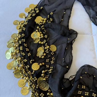 Black Chiffon Belly Dance Hip Scarf with Gold Coin Trim  Tri - Thumbnail 5