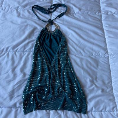 Teal Metallic Polka Dot Halter Top with Silver Ring Detail - Thumbnail 2