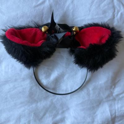 Gothic Black  Red Faux Fur Cat Ears Headband with Gold Bells - Thumbnail 4