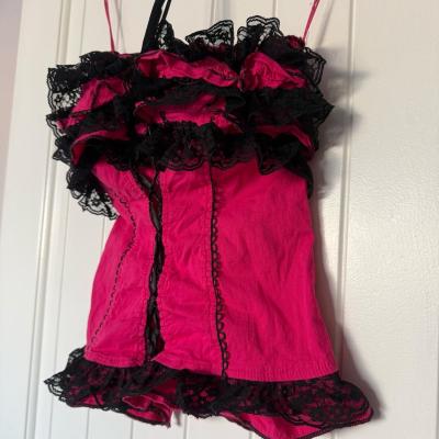 Strapless Hot Pink  Black Lace Ruffled Bustier Top  Padded - Thumbnail 4