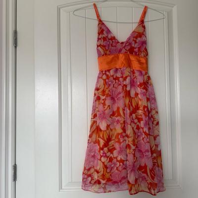 Vibrant Orange  Pink Floral Chiffon Dress with Satin Waistba