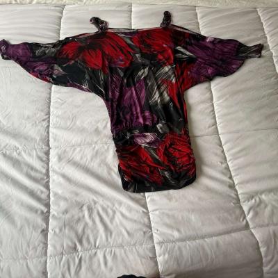 Brand New OneShoulder Ruched Longline Top  Red  Purple Abstr - Thumbnail 2