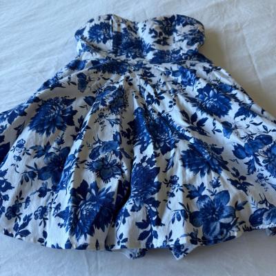 Blue Toile Floral Strapless Skater Dress  Fit  Flare Party - Thumbnail 2