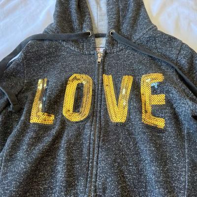 Womens Charcoal ZipUp Hoodie with Gold Sequin LOVE Graphic - Thumbnail 5