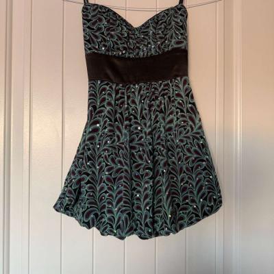 Strapless Teal  Black Sparkle Cocktail Dress with Satin Wais - Thumbnail 4