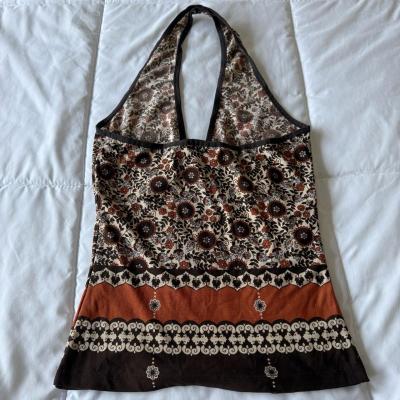 Vintage Boho Floral Halter Top  Deep V Neck Empire Waist Bro - Thumbnail 3