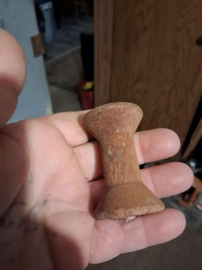 wooden thread spool 1930s has stamps on top - Thumbnail 2