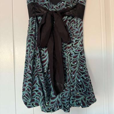 Strapless Teal  Black Sparkle Cocktail Dress with Satin Wais - Thumbnail 6