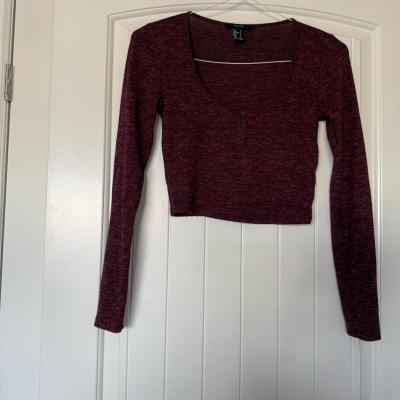 Forever 21 Burgundy Marled Cropped Henley Top  Long Sleeve S - Thumbnail 3