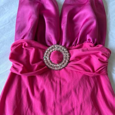 Hot Pink Satin Halter Top w Rhinestone Buckle  Deep V Party - Thumbnail 5