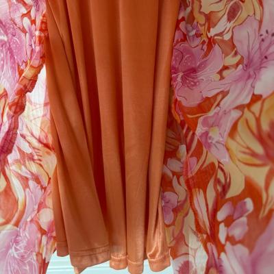 Vibrant Orange  Pink Floral Chiffon Dress with Satin Waistba - Thumbnail 4