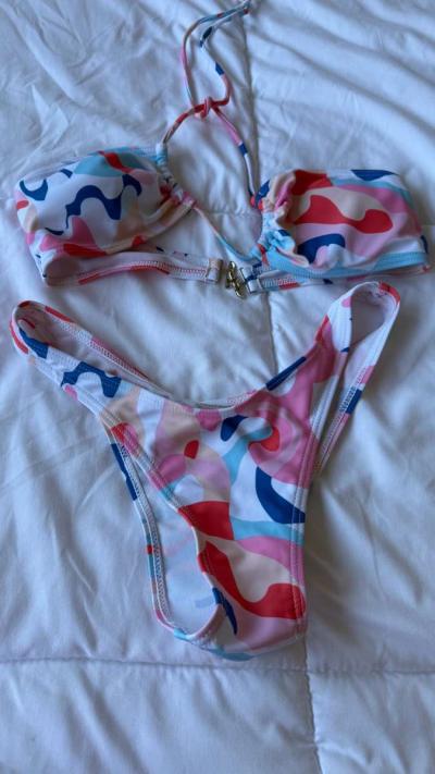 Colorful Abstract 3Piece Bikini Set w Padded Top  Sheer Wrap - Thumbnail 3