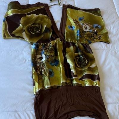 SilkFeel Boho Halter Blouse  Olive Floral Empire Waist State - Thumbnail 2