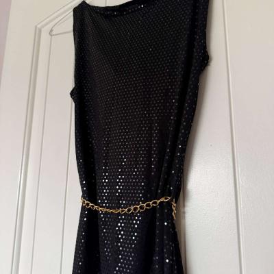 Black Metallic Polka Dot Cowl Neck Cocktail Dress with Gold - Thumbnail 6