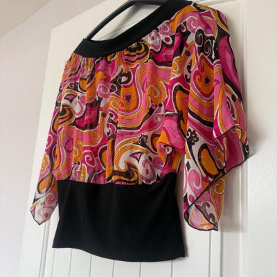 Retro Pink  Orange Paisley OffShoulder Blouse  Sheer Chiffon - Thumbnail 3
