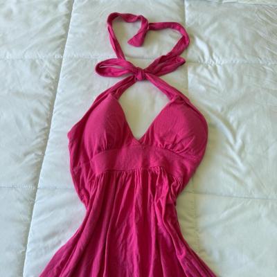 Hot Pink Halter Babydoll Mini Dress  XS  Open Back Tie Neck - Thumbnail 5