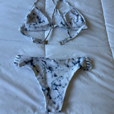 White Marble TieDye Padded Triangle Bikini Set  Strappy High - Thumbnail 2