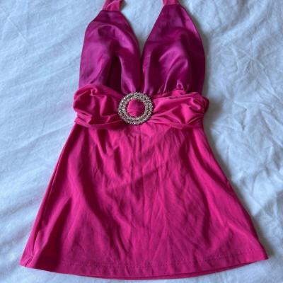 Hot Pink Satin Halter Top w Rhinestone Buckle  Deep V Party - Thumbnail 4