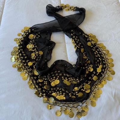 Black Chiffon Belly Dance Hip Scarf with Gold Coin Trim  Tri - Thumbnail 2