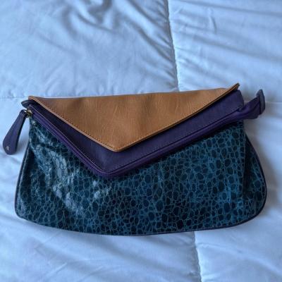 Teal CrocEmbossed Envelope Clutch  Tan  Purple Colorblock - Los Angeles, California