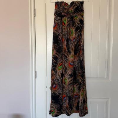 Poetry Boho Strapless Peacock Feather Maxi Dress with Padded