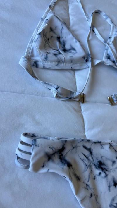 White Marble TieDye Padded Triangle Bikini Set  Strappy High - Thumbnail 3