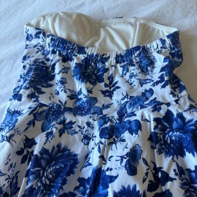 Blue Toile Floral Strapless Skater Dress  Fit  Flare Party - Thumbnail 4