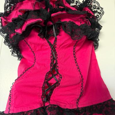 Strapless Hot Pink  Black Lace Ruffled Bustier Top  Padded - Thumbnail 5