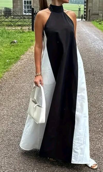 Womens Solid Black  White Maxi Dress - Thumbnail 3