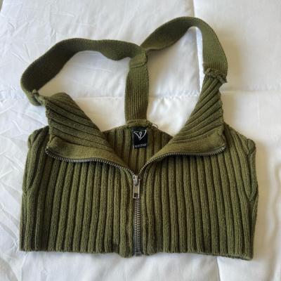 Olive Ribbed Knit ZipFront Halter Crop Top  Windsor  Size S - Thumbnail 2