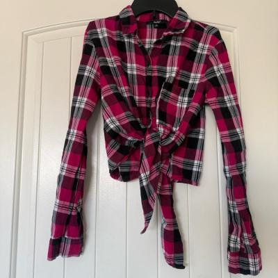 Papaya Pink Plaid TieFront Flannel Crop Shirt  Soft Grunge Y - Thumbnail 3