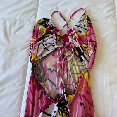 Y2K Tropical Print Cutout LaceUp Mini Dress  Pink Yellow - Thumbnail 3
