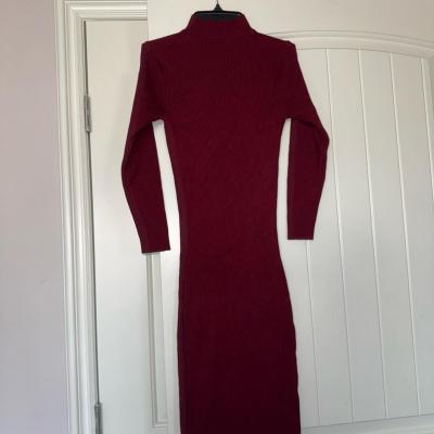 Burgundy Ribbed Knit Bodycon Midi Dress  Turtleneck - Thumbnail 4