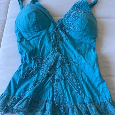 Y2K Turquoise Padded Halter Cami Top  Lace Appliqu Boho Fai - Thumbnail 4
