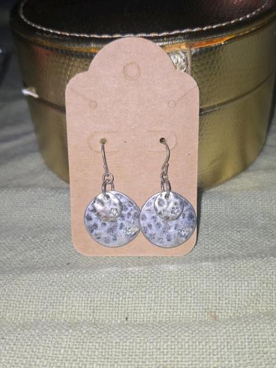Hammered Silver Tone Disc Drop Earrings with CZ Accents - Thumbnail 2