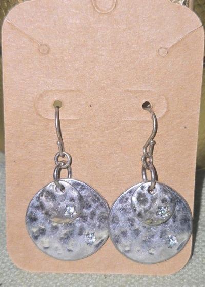 Hammered Silver Tone Disc Drop Earrings with CZ Accents - Thumbnail 3