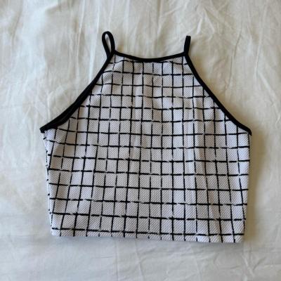 Y2K Minimalist Grid Print Halter Crop Top  Black  White Aes - Thumbnail 2