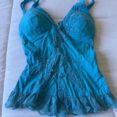 Y2K Turquoise Padded Halter Cami Top  Lace Appliqu Boho Fai - Thumbnail 5
