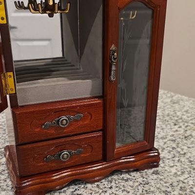 Wooden Jewelry Box with Glass Doors Drawers Mirror Lined Vel - Thumbnail 5