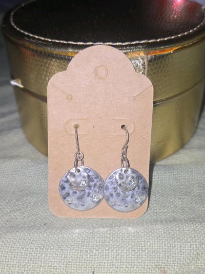 Hammered Silver Tone Disc Drop Earrings with CZ Accents - Thumbnail 4