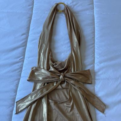 Y2K Gold Metallic Backless Halter Top O Ring Neck Wrap Tie - Thumbnail 4