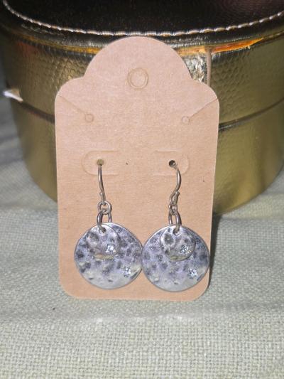Hammered Silver Tone Disc Drop Earrings with CZ Accents - Thumbnail 6