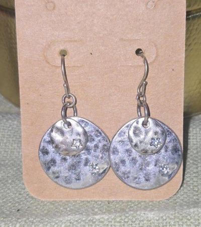 Hammered Silver Tone Disc Drop Earrings with CZ Accents