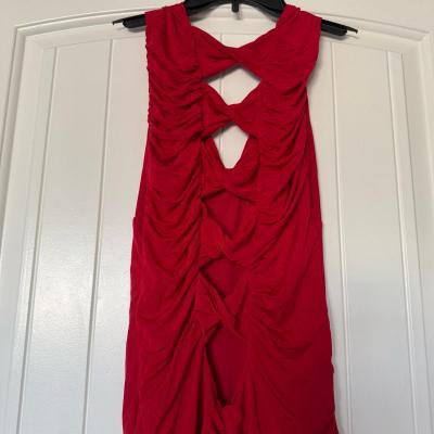Bold Red Ruched Bodycon Midi Dress  Crisscross Back  Size S - Thumbnail 4