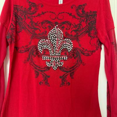 Y2K Gothic Rhinestone FleurdeLis Mesh Sleeve Top  Red  Black - Thumbnail 2