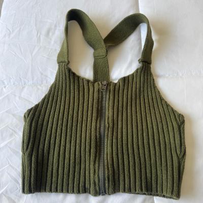 Olive Ribbed Knit ZipFront Halter Crop Top  Windsor  Size S - Thumbnail 4