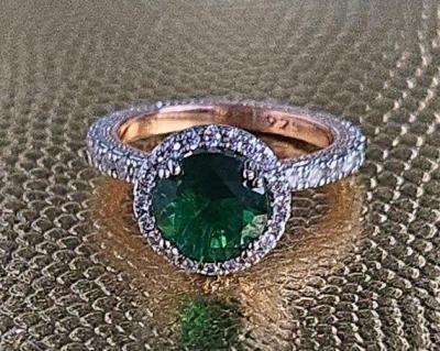 Sterling Silver  Rose Gold Emerald CZ Halo Ring