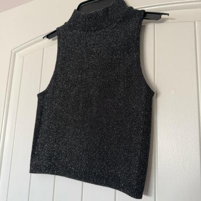 Shimmering Black Metallic Ribbed Mock Neck Top XSS  Elegant - Thumbnail 2