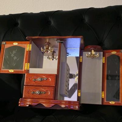 Wooden Jewelry Box with Glass Doors Drawers Mirror Lined Vel - Thumbnail 6