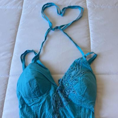 Y2K Turquoise Padded Halter Cami Top  Lace Appliqu Boho Fai - Thumbnail 3